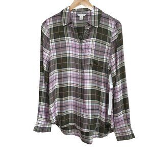 CARLSON Adley Plaid Rayon Flannel Button Up Shirt Olive Purple XS NWT Oversized